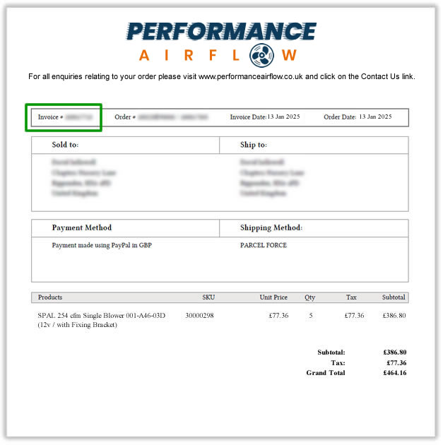 Performance Airflow Invoice Sample