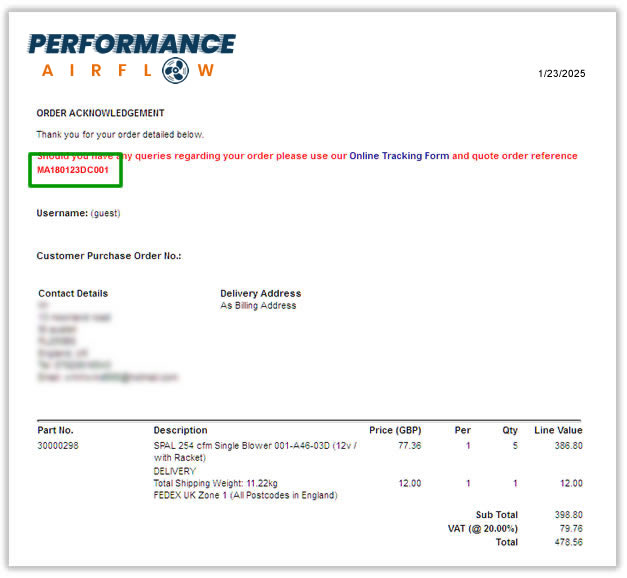 Performance Airflow Order Email Sample